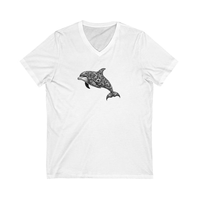 Dolphin Dive V-neck Tee, Filigree Dolphin Design, Ocean Lover Tee