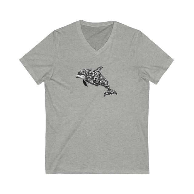 Dolphin Dive V-neck Tee, Filigree Dolphin Design, Ocean Lover Tee